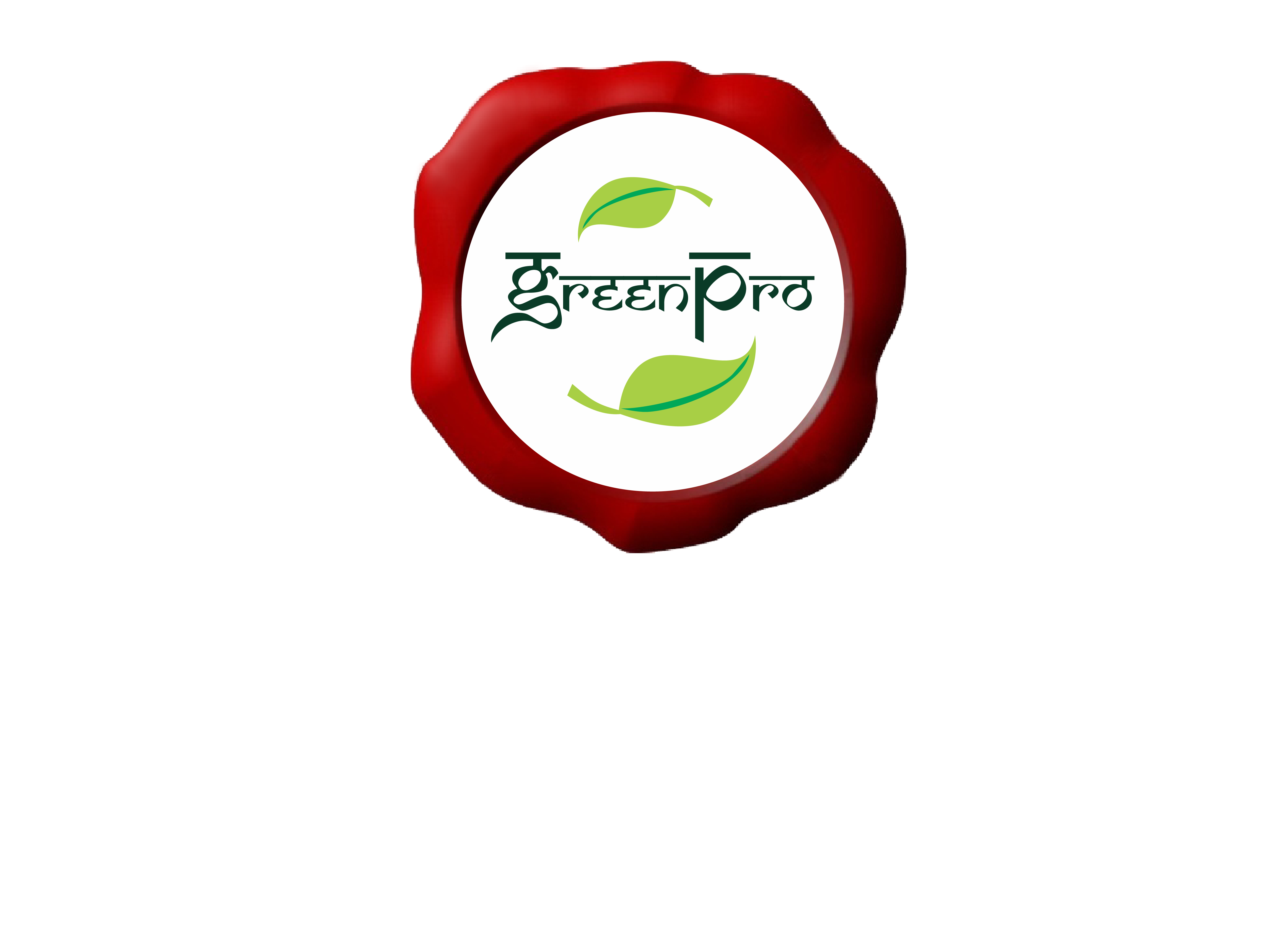 A red logo with a leaf design, with the words 'GreenPro' on it.