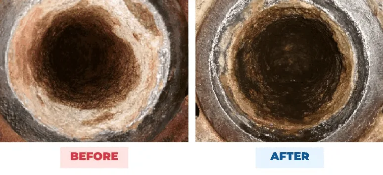 Cooling water deposits before and after HydroFLOW — Zaporizhzhya Nuclear Power Plant, Ukraine, hard calcite softened and biofouling cleared