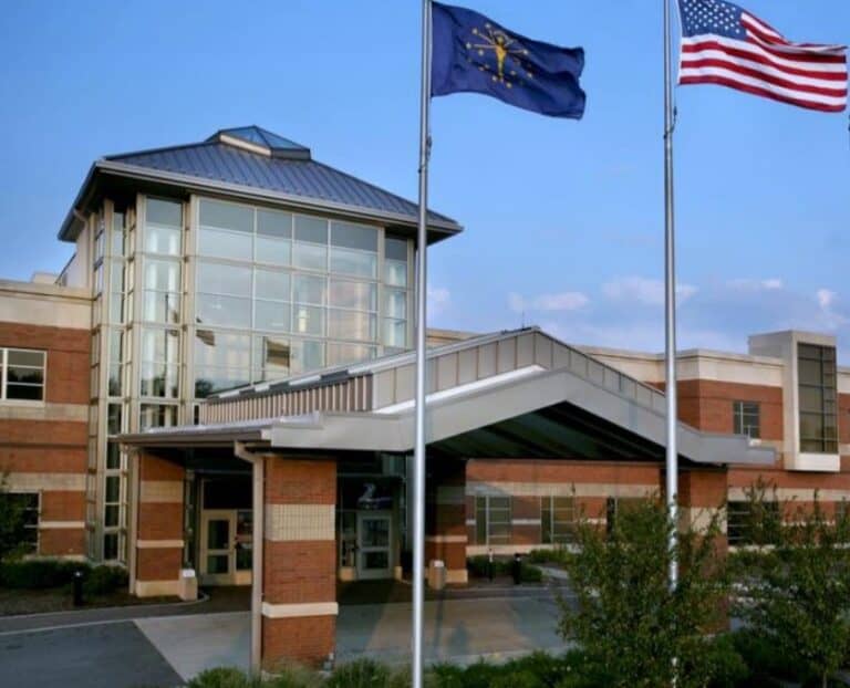 Hospital entrance with flags – Legionella reduction case study, Indiana, USA