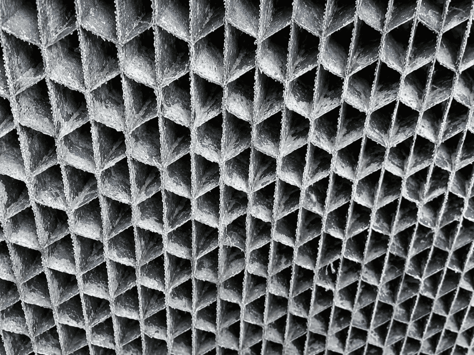 Clean, scale-free hospital cooling-tower fill after HydroFLOW treatment — chemical-free, Sunrise Children's Hospital