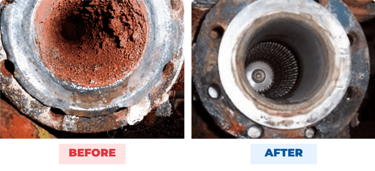 Copper mine pipeline before and after HydroFLOW — bore packed with scale then clear, Chile