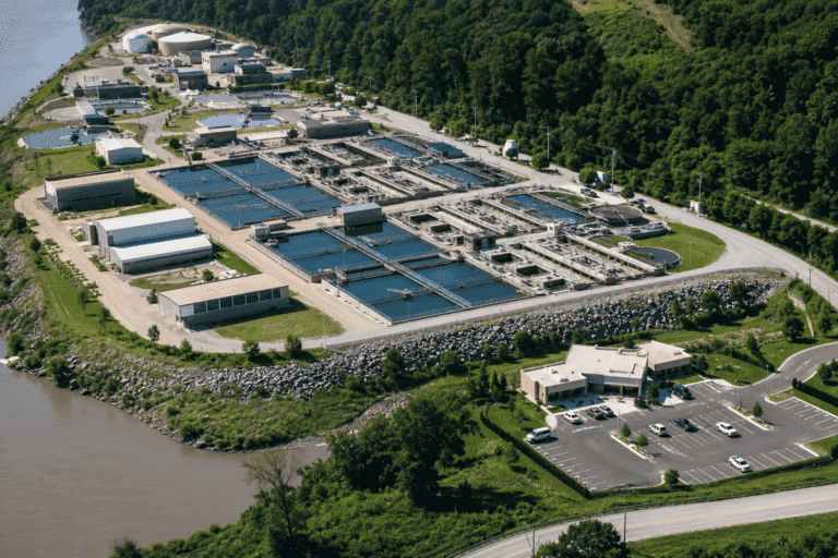 Aerial view of Tulsa Southside wastewater treatment plant, Oklahoma, HydroFLOW belt press struvite cleaning case study