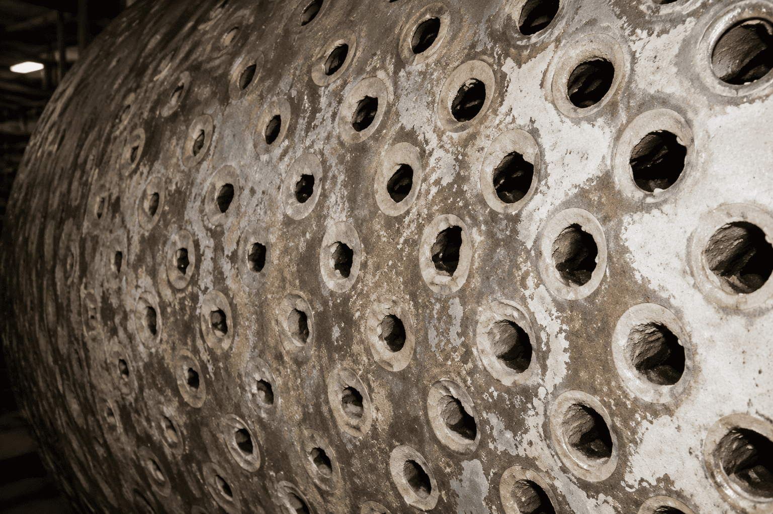 Belt press drum with holes open and only minimal struvite after 150 days of HydroFLOW treatment — Water Conserv II Water Reclamation Facility, Orlando, Florida