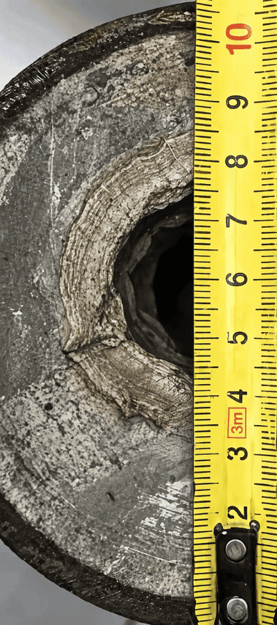 Cross-section of a pipe almost blocked by thick layered struvite scale, with a tape measure showing the bore narrowed to a fraction of the original diameter