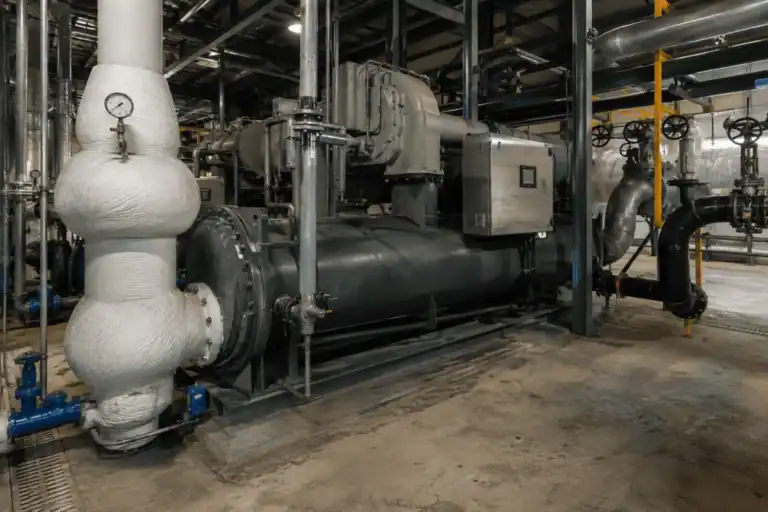 Swimming pool plant room pipework and heat exchangers with HydroFLOW installed, Hong Kong seawater chiller case study