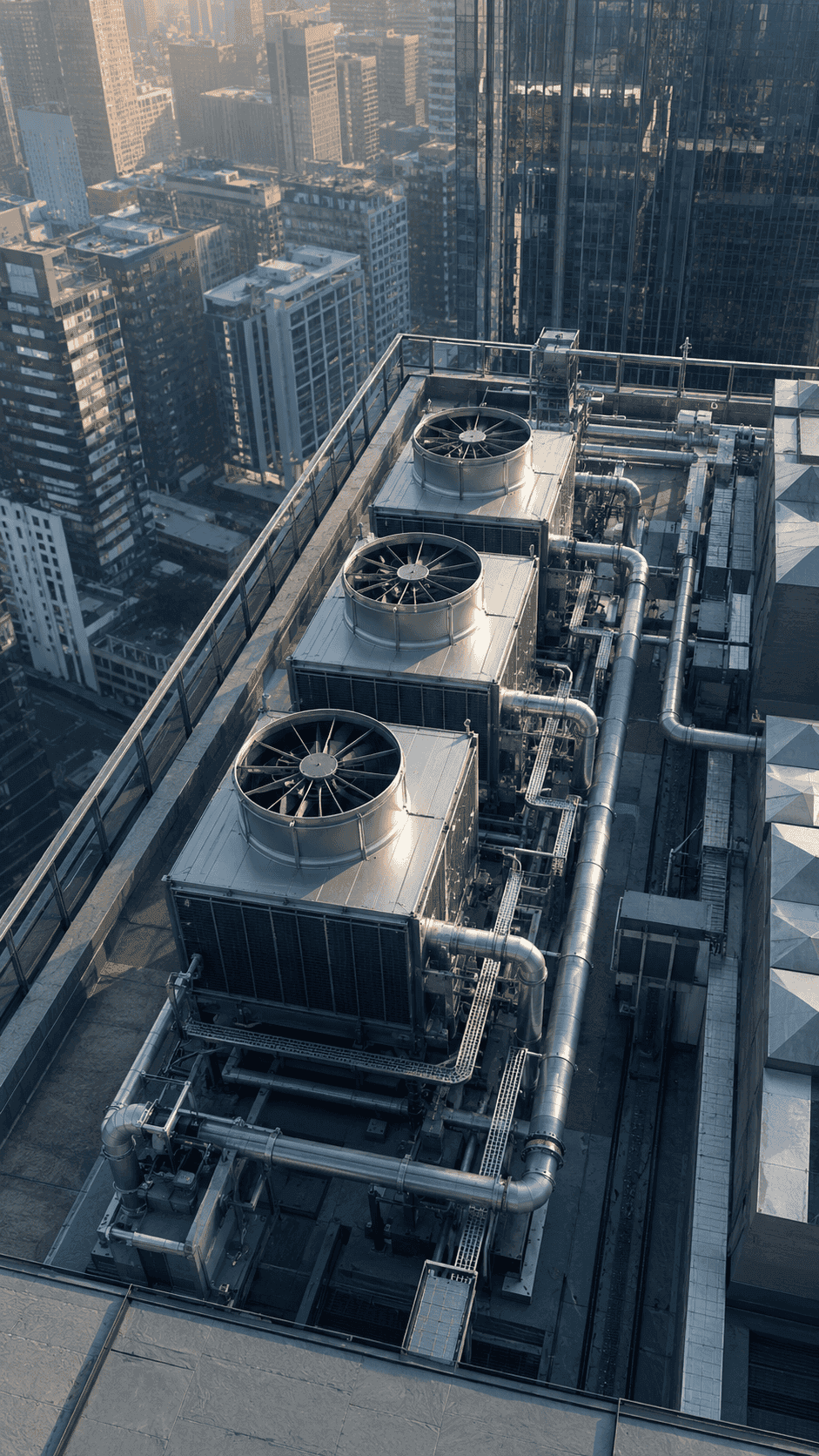 Aerial view of packaged cooling towers and HVAC plant on a commercial high-rise rooftop