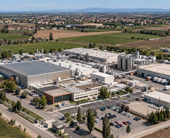 Aerial view of a food production plant in Italy, HydroFLOW cooling tower water treatment case study