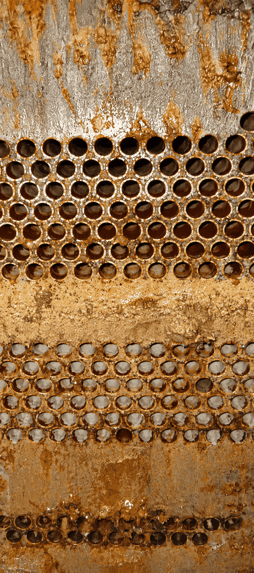 Shell-and-tube condenser tube sheet with scale and brown deposits built up around the tube ends, before treatment