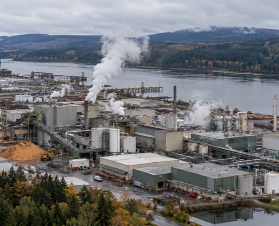 Aerial view of the Boise paper mill at Wallula, Washington, on the riverbank