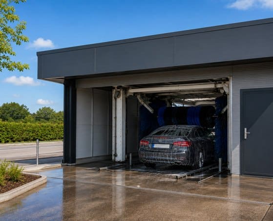Car inside an automatic car wash bay in Denmark