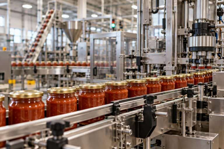 Jars of tomato sauce moving along a stainless steel food packaging line