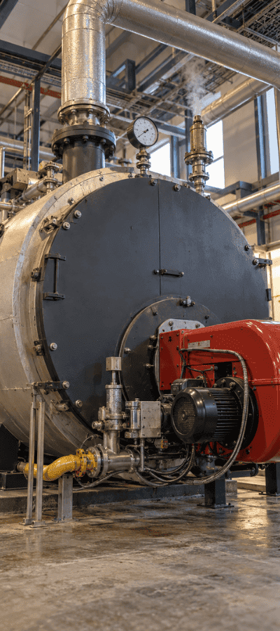 Industrial fire-tube steam boiler with burner and gauges in a boiler house