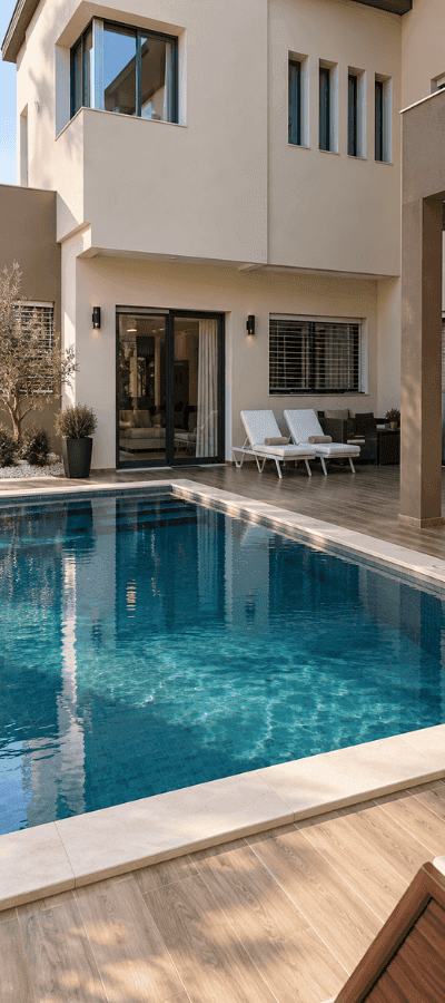 Private villa swimming pool with clear blue water, stone coping and a wooden deck, beside a modern house with sun loungers