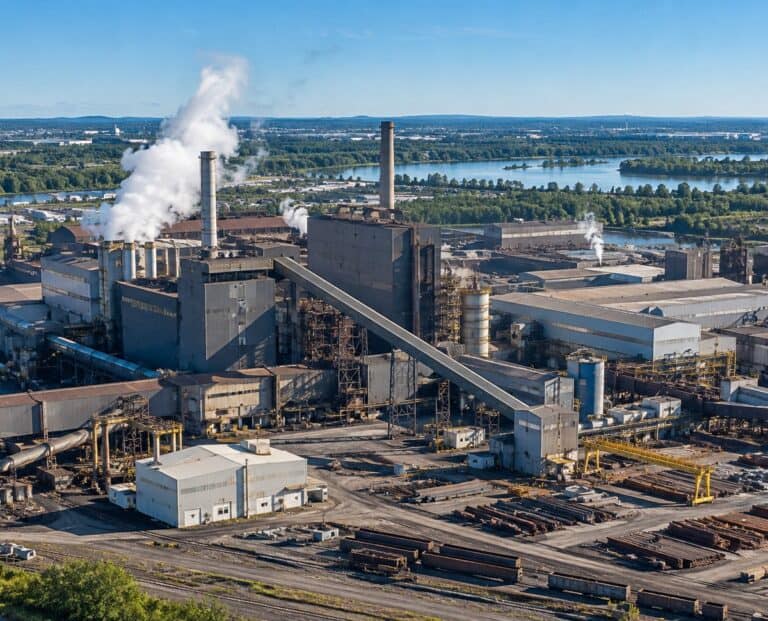 Aerial view of a steel mill in Ontario, Canada, with chimney stacks, conveyors and steel stockyard